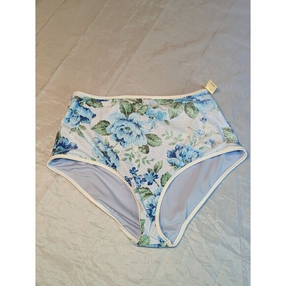 Aerie High Waisted Bikini Bottom Women's Size Medium Light Blue Floral NWT 1133 - Picture 1 of 13
